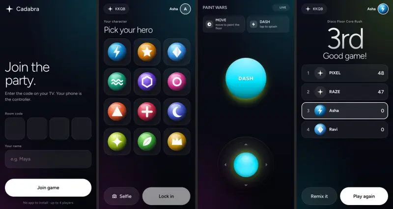 Phone controller screens: join, pick an orb avatar, play, results