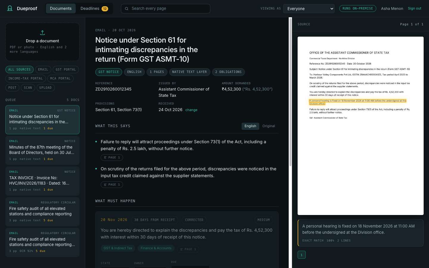The GST notice open in Dueproof, with its reference, issuing office, amount, reply deadline and hearing listed beside the page